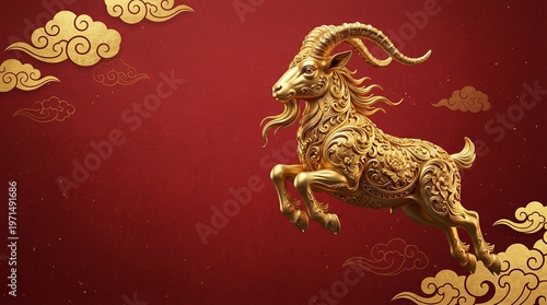 luxury red and gold chinese horse new year background 2027 new year with copy space for text celebrating the Chinese Zodiac, featuring a shimmering gold ram symbolizing