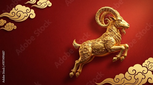luxury red and gold chinese horse new year background 2027 new year with copy space for text celebrating the Chinese Zodiac, featuring a shimmering gold ram symbolizing