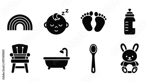 A collection of simplistic black icons representing baby related items such as a rainbow footprints and bottle high quality professional detailed