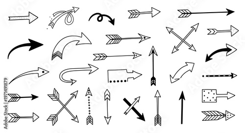 Arrows hand drawn set with black curved lines and straight vector designs featuring graphic, illustrations, icons with direction and movement