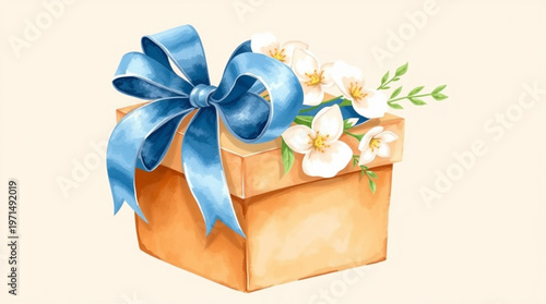 A delicate watercolor-style illustration of a rectangular gift box with a soft blue ribbon tied around it in a elegant bow, accompanied by a few white flowers with delicate petals and yellow centers