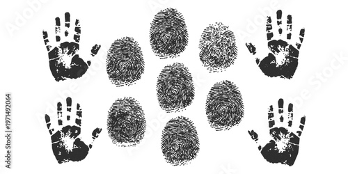 Set of black ink fingerprints and palm prints isolated on white background vector illustration for forensic design
