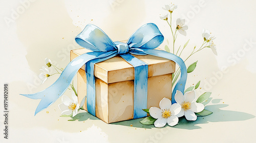 A delicate watercolor-style illustration of a rectangular gift box with a soft blue ribbon tied around it in a elegant bow, accompanied by a few white flowers with delicate petals and yellow centers
