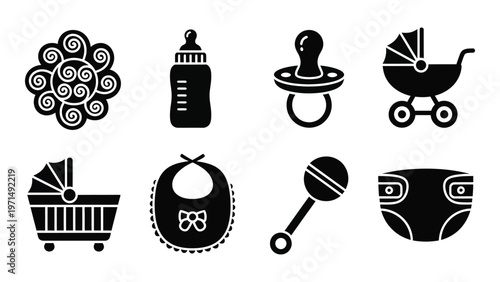 A collection of black silhouette icons depicting baby essentials including bottles pacifiers strollers and diapers high quality professional detailed modern elegant