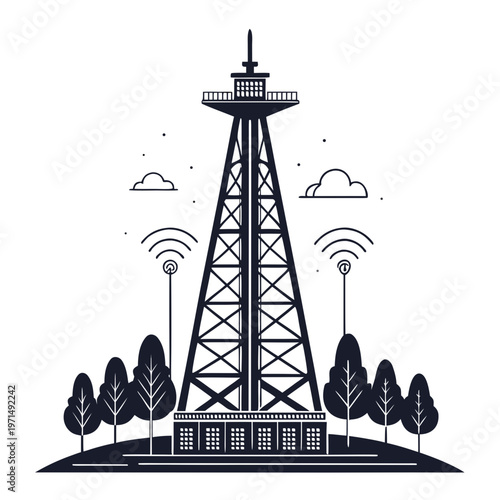 telecommunication tower silhouette with tall signal antenna, technology infrastructure vector icon, minimal flat design isolated on white background