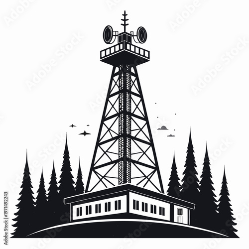 telecommunication tower silhouette with tall signal antenna, technology infrastructure vector icon, minimal flat design isolated on white background