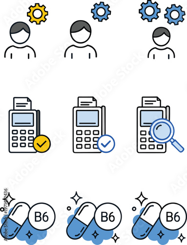 business, icons, set, employee, settings, calculator, finance, audit, medicine, pills, B6, health, vector, illustration, modern, UI, design, colorful, management, concept