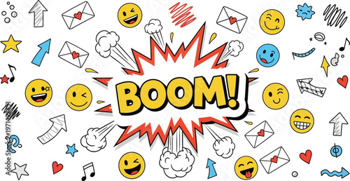 Title colorful doodle art collection with emoticons arrows and 'boom