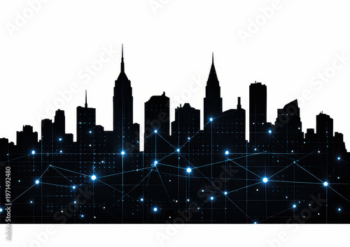 downtown city skyline at night with illuminated network and glowing lights