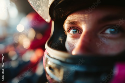 Close-up of a race car driver's eyes in a helmet, showcasing intense focus and determination before a competition.