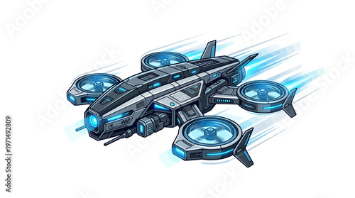 Drone with four blue lights flying.