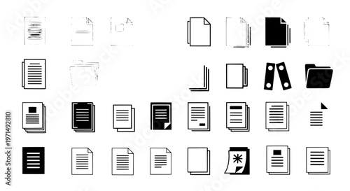 Documents icon set with various file types and black line styles, including folders and papers. featuring icons, vector, illustration with graphic