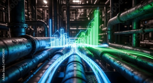 Industrial pipeline with glowing data growth chart analytics