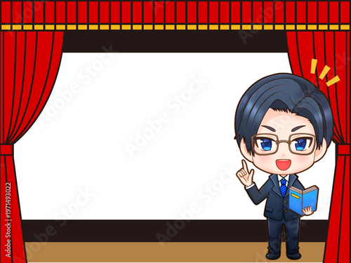 	舞台セットと紹介する男性のイラスト素材