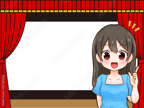 舞台セットと紹介する女性のイラスト素材