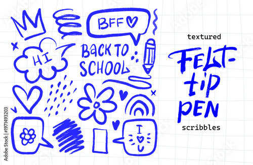 Isolated blue felt-tip pen scribbles set. Hand drawn text, hearts, flower and crown sketches on grid notebook background. Vector rough doodle elements collection for school and youth design.
