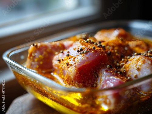 Close-up of raw marinated chicken in a glass dish with aromatic spices and oil, ready for cooking.