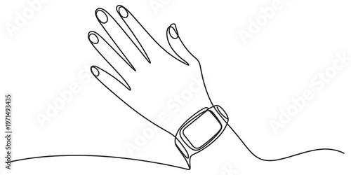 A minimalist single continuous line drawing of a human hand wearing a digital smart watch gadget Vector, illustration