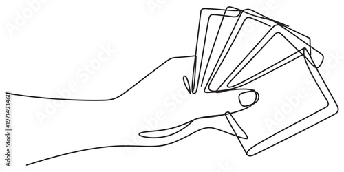 A continuous line drawing of a human hand holding a fan of playing cards against white background Vector, illustration