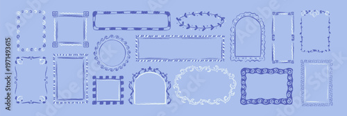 Crayon Mediterranean style hand drawn frame. Greek key motif pattern, floral border, lemon design, mosaic boarder. Chalk, paint brush, charcoal drawing. Wedding invitation, menu, birthday card element