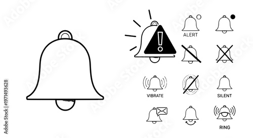 Bell icon set with alert, silent, ring, and vibration modes, notification symbols. featuring ringing symbol, warning bells, ringing bells with