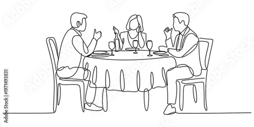 Continuous line drawing of three friends enjoying a pleasant dinner conversation at a restaurant Vector, illustration