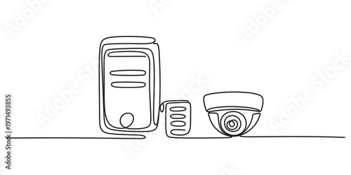 A single continuous line drawing of a computer tower, a small hard drive, and a security camera. Vector, illustration