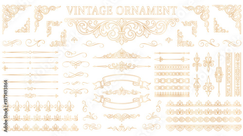 Large set of vintage ornament ribbons and floral borders in gold foil.
