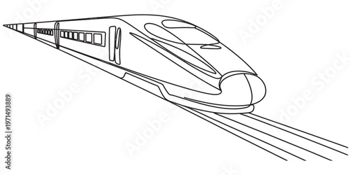 A simple black and white line drawing of a modern high speed bullet train moving along the track Vector, illustration