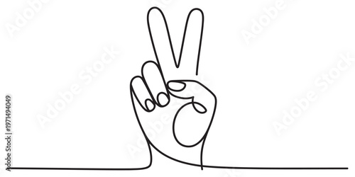 A continuous line drawing showing a hand making a peace sign gesture isolated on white background. Vector, illustration