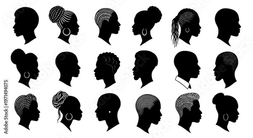 Heads silhouettes set with various hairstyles and earrings, black profiles featuring vector, illustration, graphic with resource and people elements