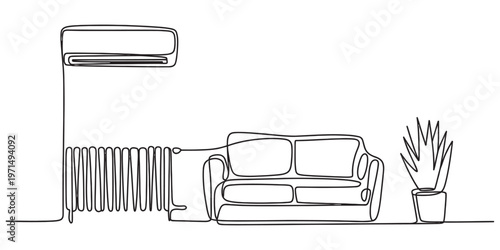 A continuous line drawing of a living room scene with a sofa, an air conditioner and a houseplant. Vector, illustration