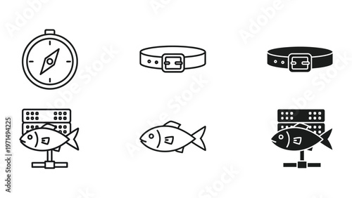 Collection of icons representing navigation, belts, and aquarium setups with fish