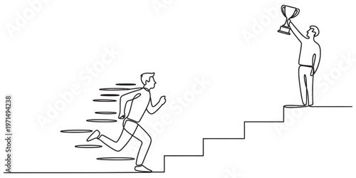 A continuous line drawing depicting a person running up stairs toward a winner holding a trophy Vector, illustration