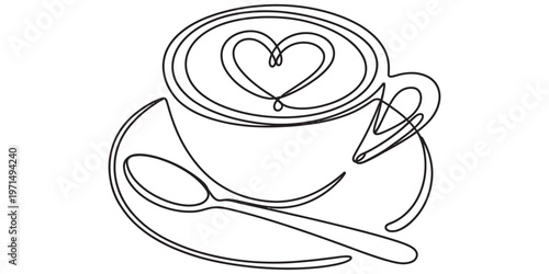 A single continuous line drawing of a coffee cup with heart latte art and a spoon on a saucer Vector, illustration