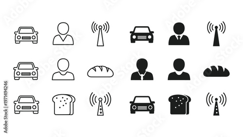 Icon grid depicting various combinations of vehicles, people, food, and communication towers