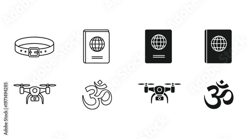 Icons depicting travel, spirituality, and technology in a symbolic arrangement