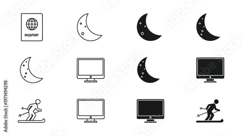 Digital icons representing travel, technology, and winter sports with moon phases