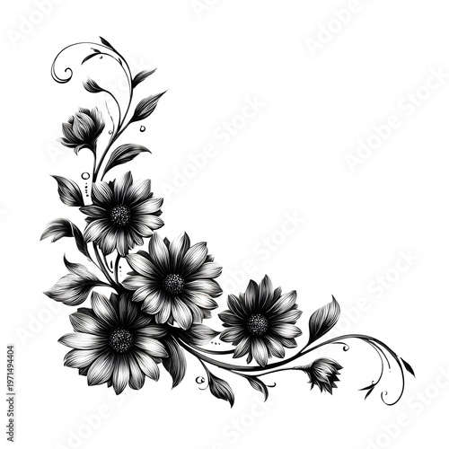 Black and white illustration showing flowers with leaves in a decorative design at the corner of a page