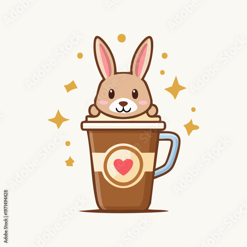Cute rabbit character in a coffee cup with heart and sparkles illustration　コーヒーカップに入った可愛いウサギのキャラクター ハートとキラキラのイラスト　ベクターイラスト
