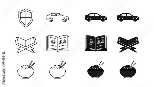 Collection of icons depicting security, vehicles, holy book, and food bowls