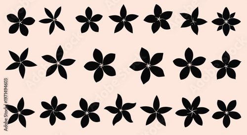 Collection of simple black flower icons with five petals arranged in three rows on a light peach background