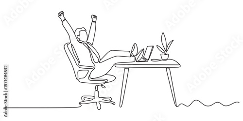 A single continuous line drawing of a happy businessman relaxing at his desk with feet up high Vector, illustration