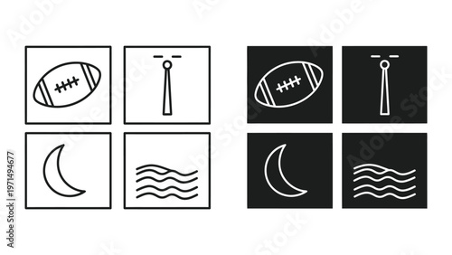 Contrast and symbolic representation of sports and weather icons on different backgrounds