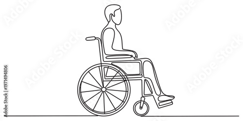 A single line drawing illustration of a person sitting in a wheelchair with a minimalist style. Vector, illustration