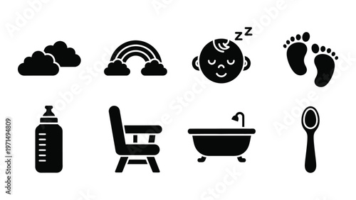 A collection of simple black glyph icons depicts baby essentials including a sleeping infant bottle and bath high quality professional detailed