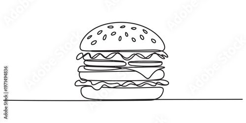 A simple black and white line drawing of a classic cheeseburger with sesame seed bun on top area Vector, illustration