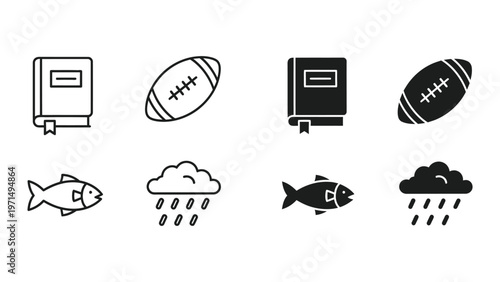 Contrasting icon sets of books, sports, weather, and fish depicted in black and white