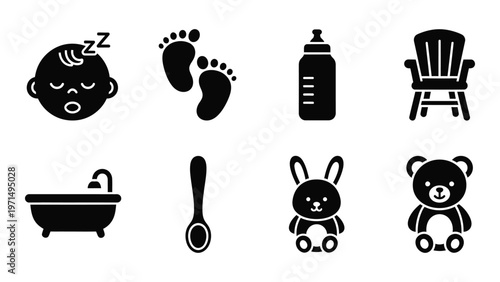 A collection of simple black glyph icons representing baby essentials including sleep feeding and play items high quality professional detailed modern