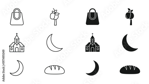 Contrasting icon pairs featuring handbags, fruit, churches, moons, and breads in light and dark styles